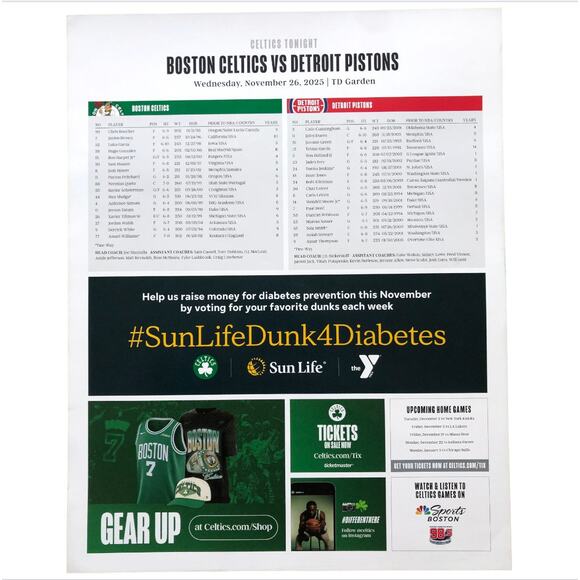 Boston Celtics v Detroit Pistons 11/26/25 Lineup Roster Poster ft. Pritchard - Picture 2 of 6